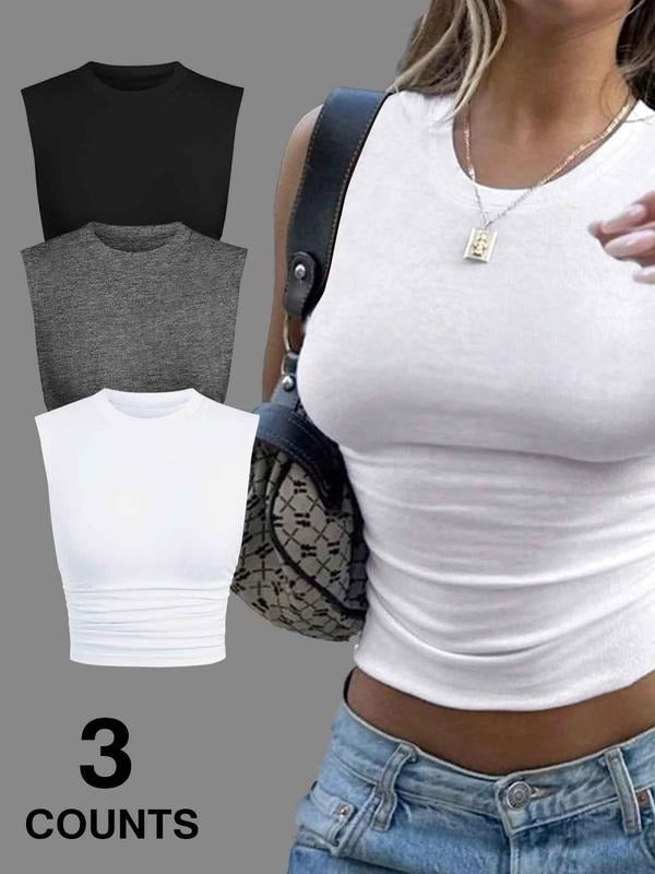 Women's Plain Round Neck Crop Tank Top, Casual Sleeveless Crew Neck Top for Summer, Ladies Clothes for Daily Wear