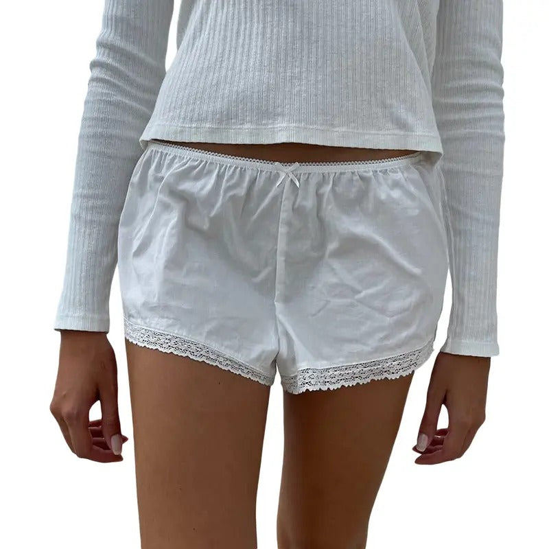 Women's Summer Casual Shorts, Solid Color Elastic Waist Lace Trim Lounge Short Pants Womenswear Bottom