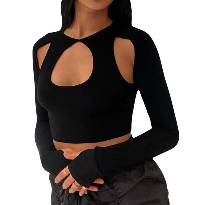 Women's Summer Crop Tops Solid Color Long Sleeves Round Neck Unique Cutout Cropped Navel Slim Blouse Polyester Shirts