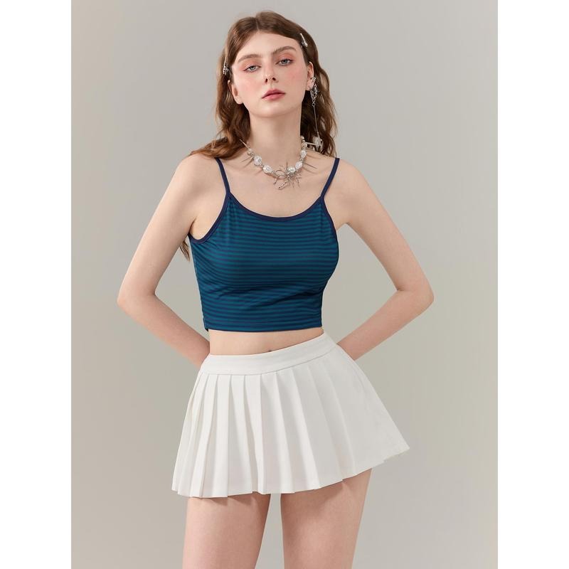 Women's Summer Cute Camisole Contrast Trim Spaghetti Strap Scoop Neck Show Navel Slim Vest Polyester Sleeveless