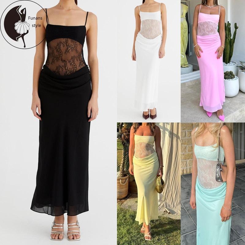 Women's Summer Long Cami Dress Sleeveless Open Back Lace Patchwork Beach Dresses