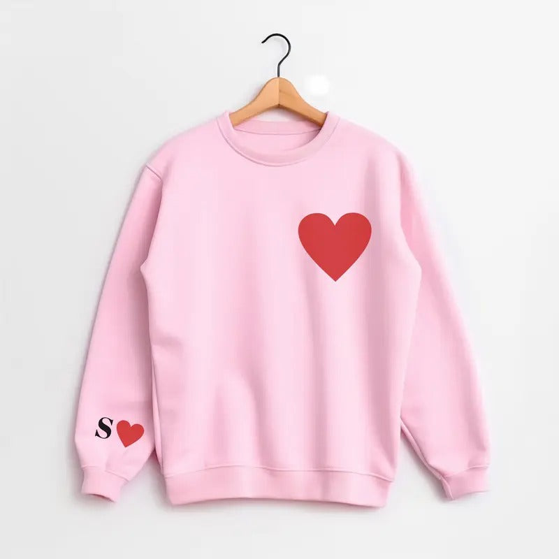 Women's Valentines Sweatshirt with Initial on Sleeve - Couple Matching, Valentine Gift, Loose Fit - Fabric