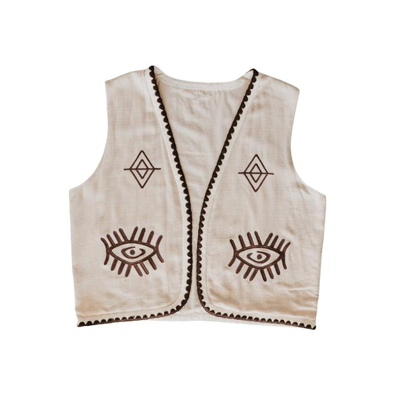 Women's Vest Tops Casual Fashion Embroidery Sleeveless Open Front Boho Cardigan for Party Club Cotton Lady