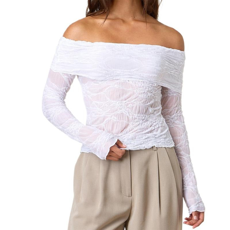 Womens Off Shoulder Sheer Tops Floral Lace Chest Folding Boat Neck Long Sleeve Casual T-Shirt for Parties