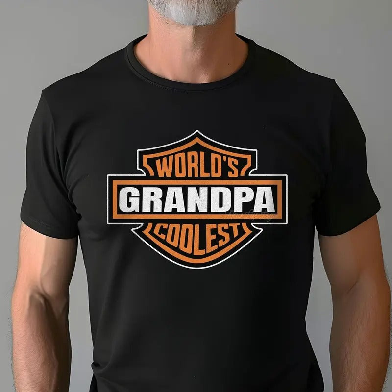 World's Coolest Grandpa T-shirt, New Grandpa Announcement Tee, Motorcycle Grandpa Gift Funny Father's Day Classic Cotton