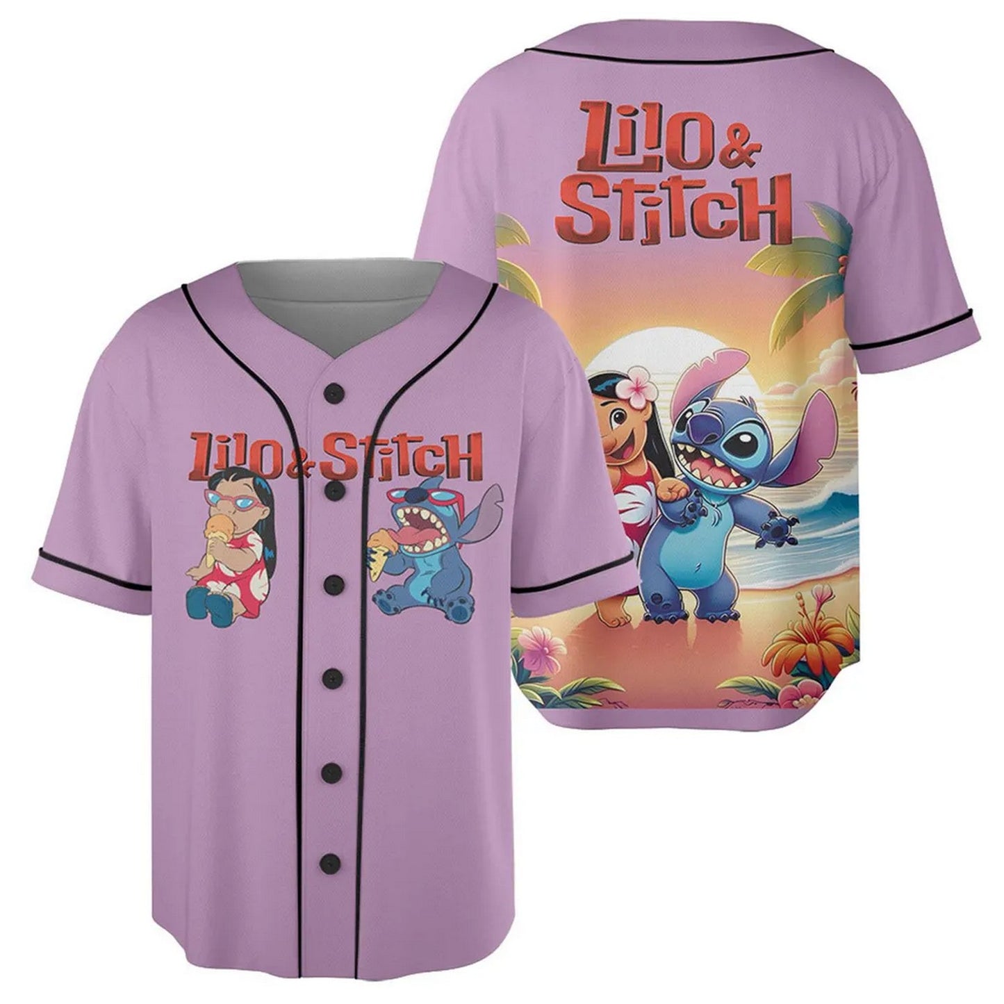 Custom Name Disney Lilo And Stitch Happy Purple Sunset Baseball Jersey