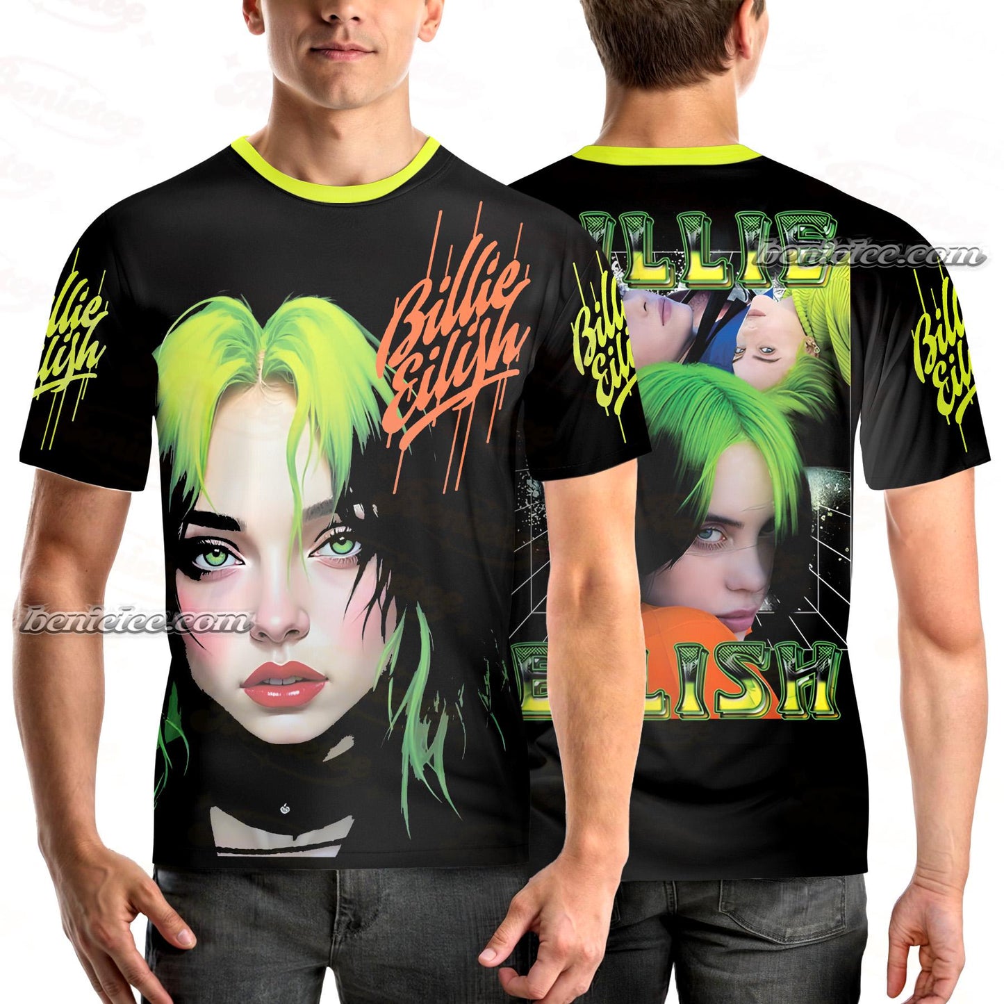 Bill!e Eil!sh Tee 3D with Neon Green Hair, Music Fan Art Tee, Pop Star Graphic Shirt, Gift for Bill!e Fans, Bold Music Shirt 3D