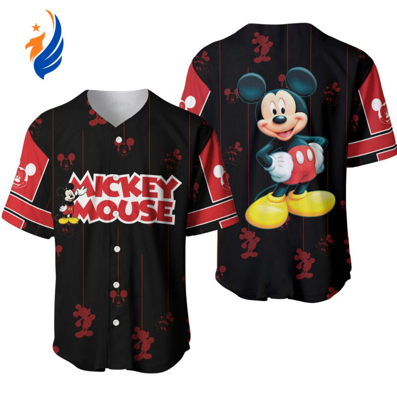 Disney Mickey Mouse Friend Graphic Black Red Jersey Shirt - Mickey Baseball Jersey for Disney Fans! - Bafud