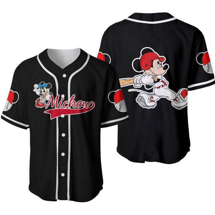 Mickey Mouse Red Black Cute Disney Cartoons Graphics Unisex Custom Baseball Jersey - Bafud
