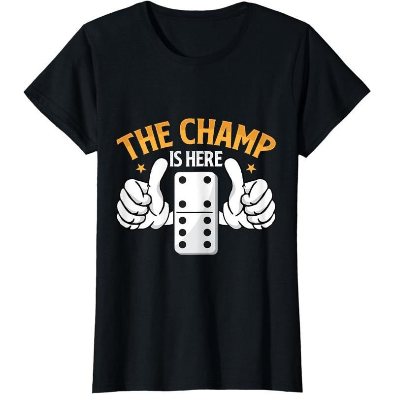 [100% Cotton] Cotton Short Sleeve The Champ Is Here Dominoes King Domino Player Tile Lover T-Shirt for Men Women