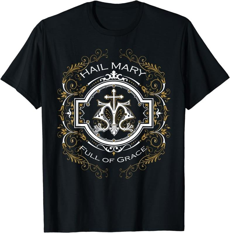 [100% Cotton] Hail Mary Full of Grace Our Blessed Mother Mary Rosary T-Shirt