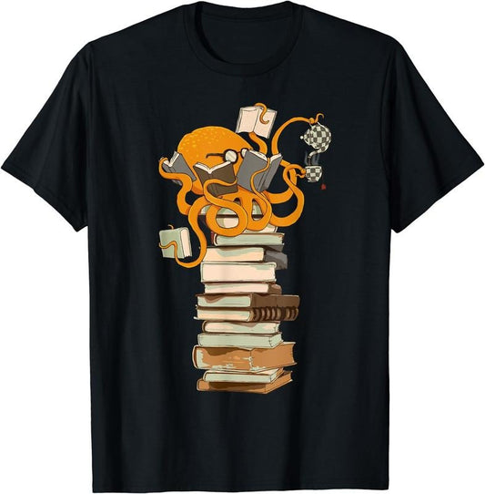 [100% Cotton] Reading Octopus, tea, coffee and books gift T-Shirt Black