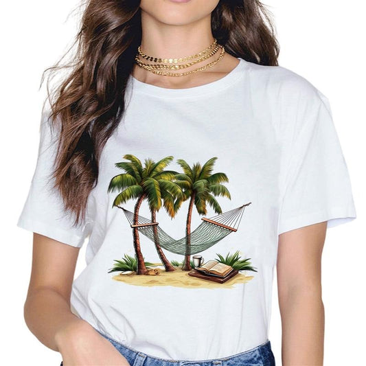 [100% Cotton]Hammock Between Palm Trees Palm and Book T-Shirt