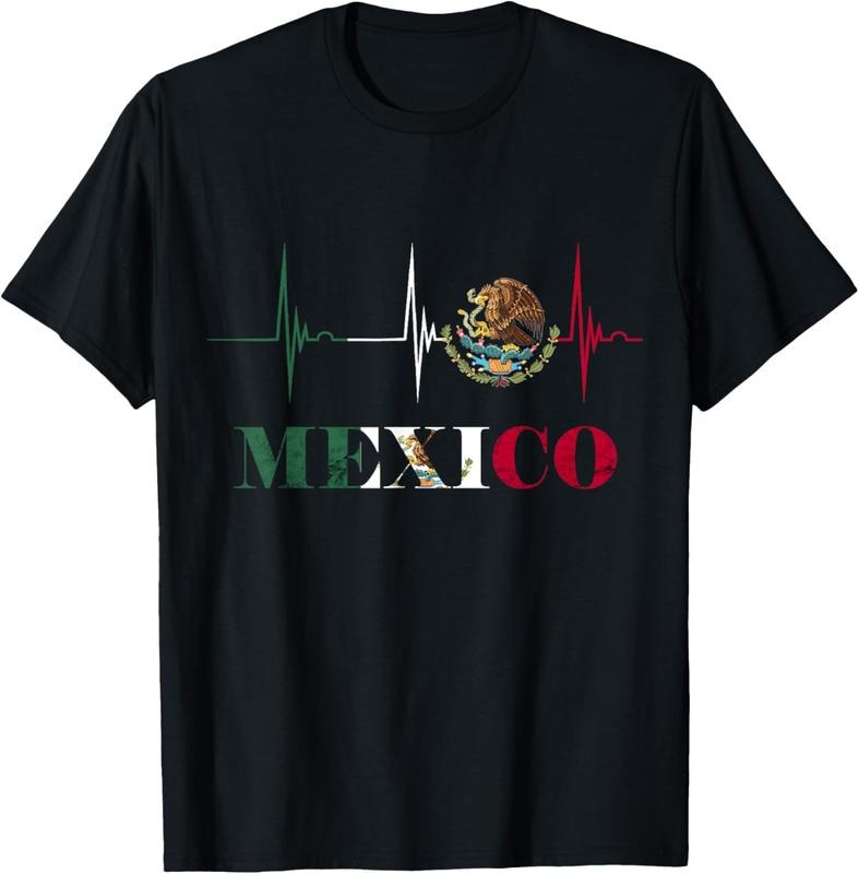 100% Cotton Heartbeat EKG Pulse Mexico Emblem Mexico Flag Mexican Pride T-Shirt