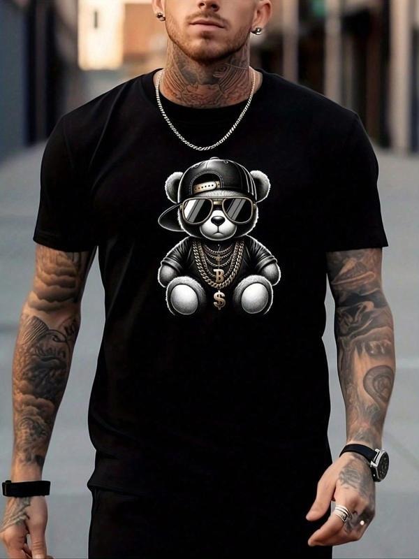 [100% Cotton]Men's Regular Fit Cartoon Bear Print Round Neck Tee, Fashion Casual Streetwear Short Sleeve T-shirt for Daily Outdoor Wear, Graphic Tees, Mens Clothes for Summer