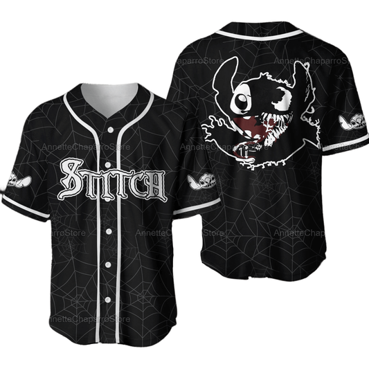 Disney Stitch Turning Into Venom Graphic Black White Baseball Jersey – Unique Stitch Jersey Shirt - Bafud