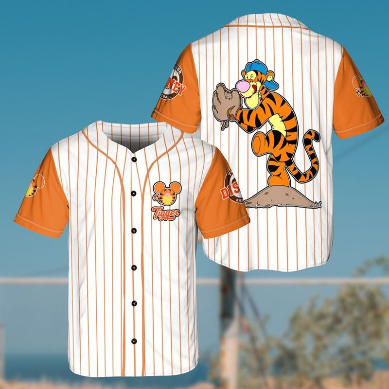 Tigger The Pitcher Winnie The Pooh Disney Cartoon Graphics All Over Print 3D Pinstripe Baseball Jersey - Bafud