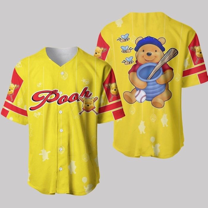Winnie The Pooh Yellow Red Patterns Disney Unisex Cartoon Graphics Casual Outfits Custom Baseball Jersey - Bafud
