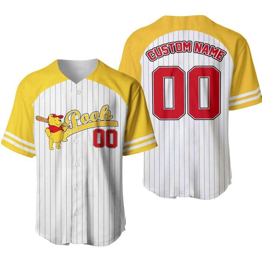 Winnie The Pooh Striped Yellow Red Unisex Cartoon Graphic Casual Outfit Custom Baseball Jersey - Bafud