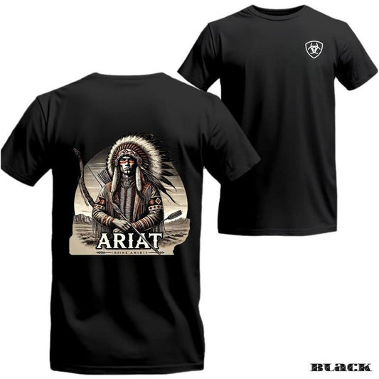 ARIAT T-Shirt - Traditional design featuring a Native American warrior, suitable for both men and women who appreciate bold style and folklore.