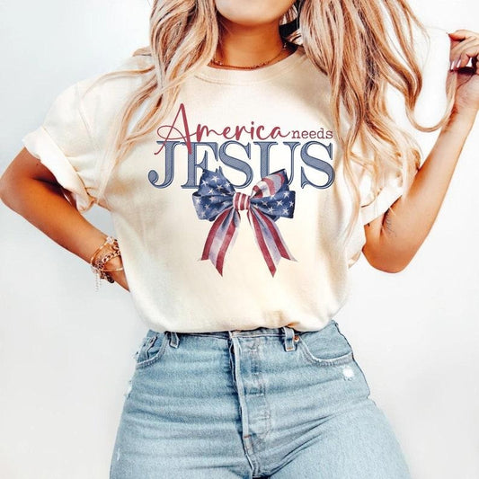 America Needs Jesus Coquette Bow Watercolor Designs Christian Patriotic Shirt Designs DTF Transfer 4th of July Hoodie, T-shirt and sweater