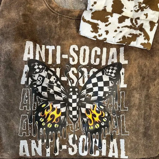 'Antisocial" Butterfly Brown Mineral Wash Crewneck Sweatshirt, T Shirt, or Hoodie Aesthetic Pullover | Punk Rocker Style