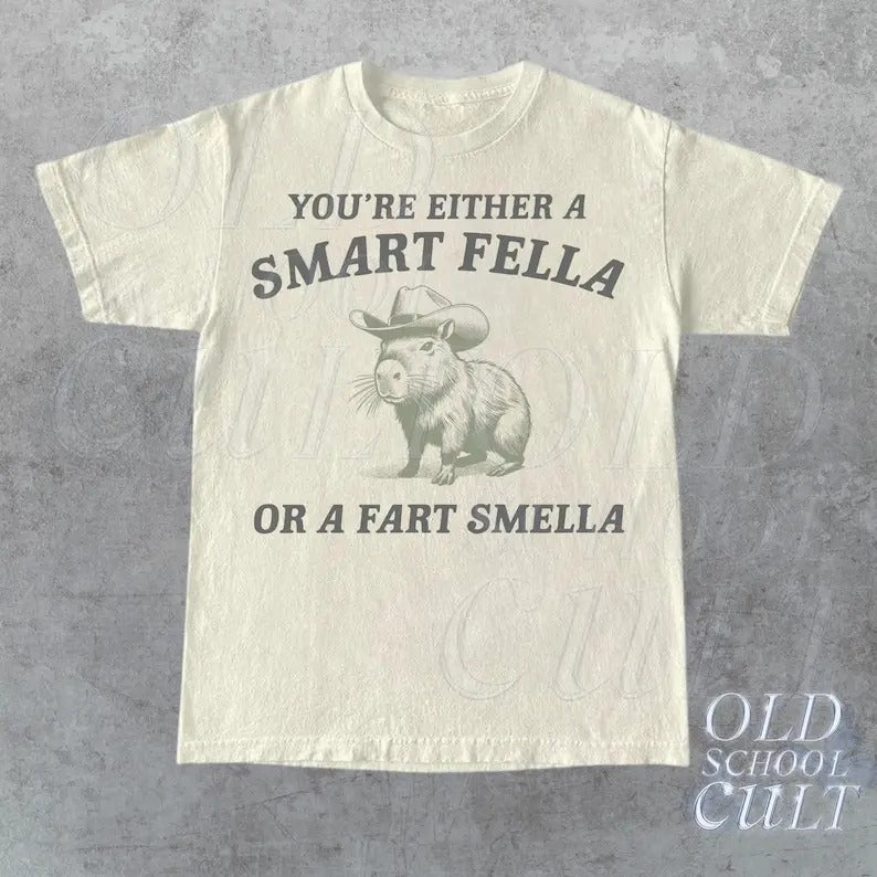 Are You A Smart Fella Or Fart Smella Vintage Style Shirt, Retro Cartoon T Shirt, Weird T Shirt, Meme T Shirt, Cabybara Shirt, Relaxed Cotton