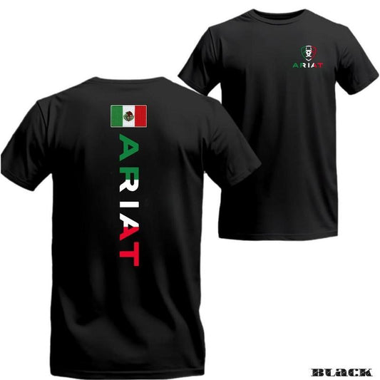 Ariat T-Shirt with Mexico Flag Patch and Stylish ARIAT Logo, Perfect for a Bold Look - Unisex Menswear Top Crewneck Casual