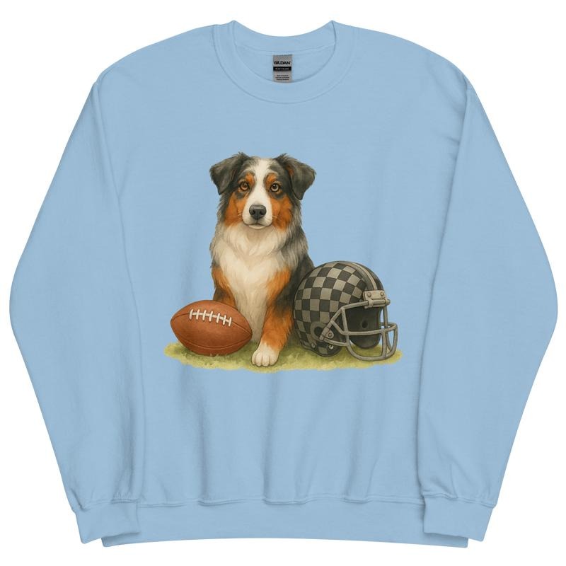 Australian Shepherd Football Sweatshirt - Unisex Apparel Relaxed Fit Printed In The USA Clothing Womenswear Casual Comfort Cotton Top Athletic Boho Chic
