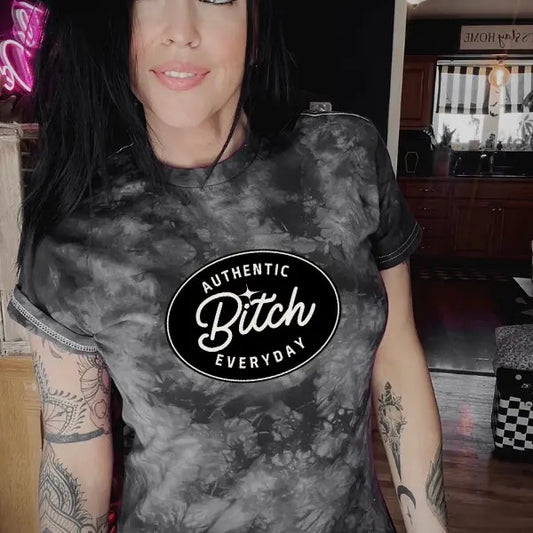 Authentic Bitch Everyday Black & Grey Tie Dye T Shirt | Punk, Alt, Grunge, Goth, Skeleton Style, Streetwear
