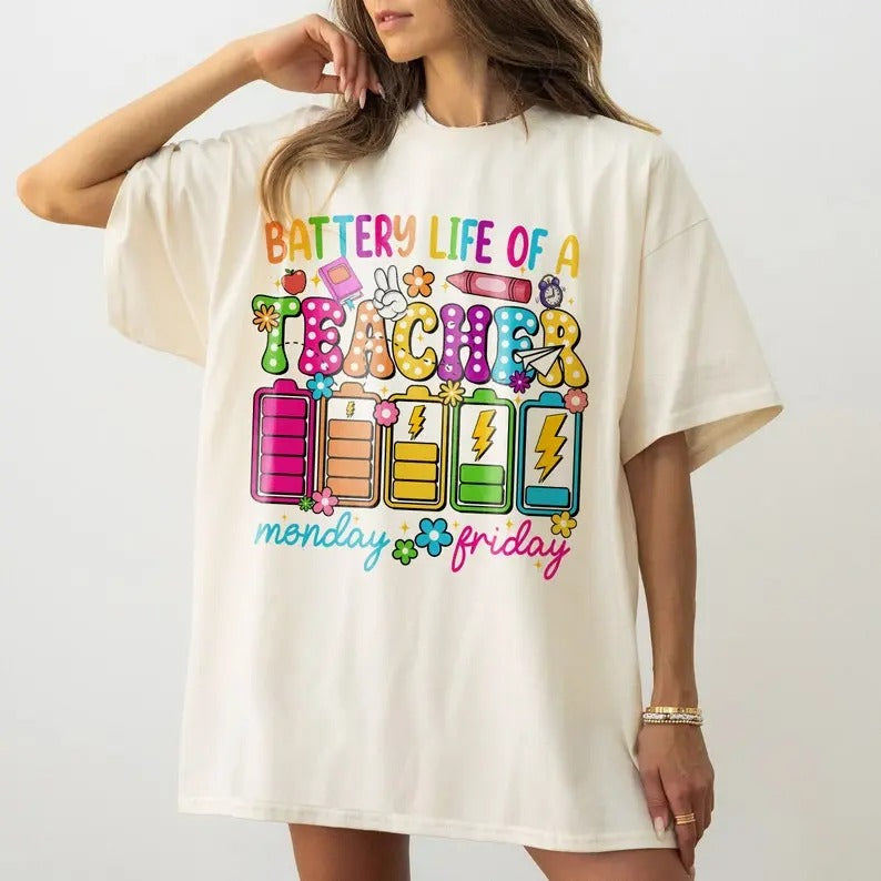 Back To School Retro Back to School Tshirt, Kindergarten, First Day Of School, Battery life of a Teacher Shirt,Funny Teacher Life T-Shirt,Gift For Teacher