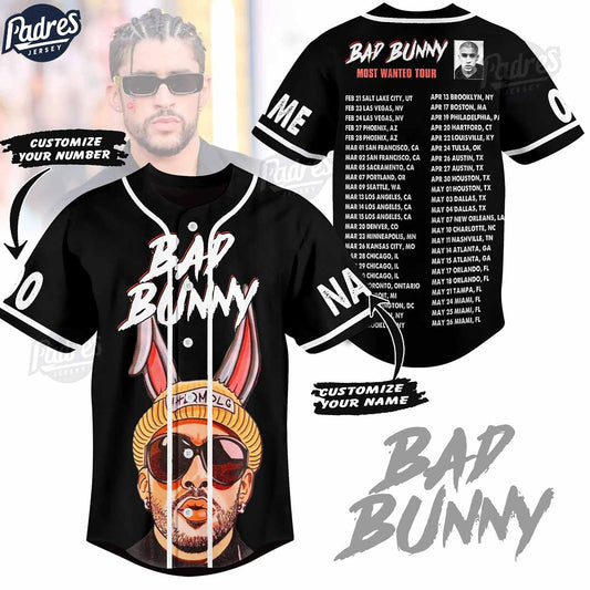 Bad Bunny Most Wanted Tour 2024 Custom Black Baseball Jersey - Padres Jersey Oasis: Elevate Your Baseball Style Game