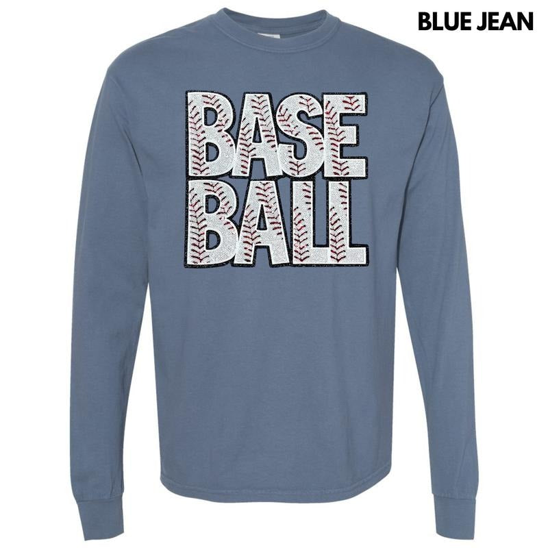 Baseball Words Sequin Patch Long Sleeve Comfort Colors T-Shirt