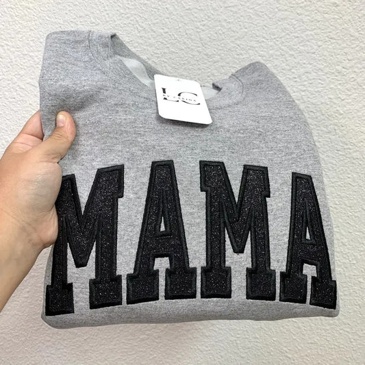Black Glitter Gray Sweater | Embroidered Mama Sweater | Cozy and Stylish Mom Sweatshirt | Sparkly Mom Life Apparel | Unisex Sweatshirt | Perfect Mom Gift Casual
