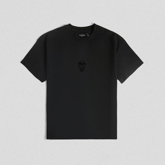 Classic Oversized Skull Tee - Black/Black, Ribbed Crew Neck Collar, 100% Cotton, Summer T-Shirt Gym Menswear