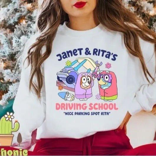 Bluey and Bingo Janet and Rita Driving School Nice Parking Spot Rita Sweatshirt, Bluey and Bingo Grannies Sweatshirt