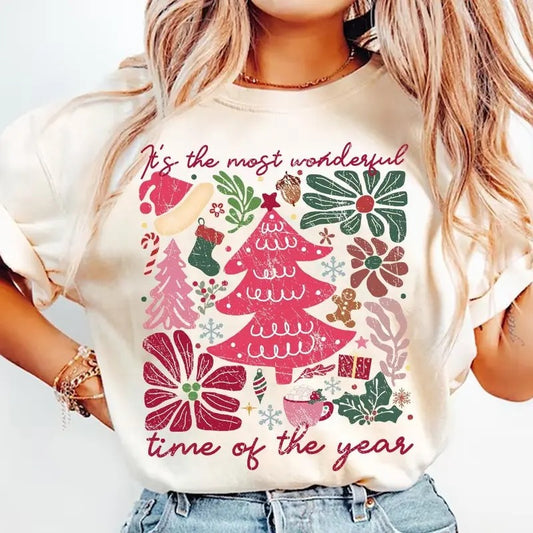 Boho Floral Christmas Shirt, Pink Christmas Hand Drawn, Boho Christmas Shirt, Coquette Christmas, Girly Christmas Tree
