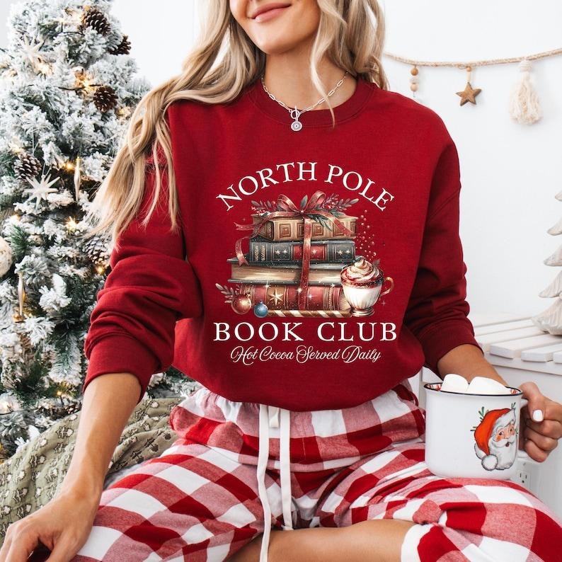 Bookish Christmas Sweatshirt, North Pole Book Club Shirt, Santa Sweatshirt for Book Lover, Christmas Retro Book Worm, Holiday Bookish Gift