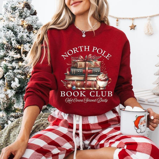 Bookish Christmas Sweatshirt, North Pole Book Club Shirt, Santa Sweatshirt for Book Lover, Christmas Retro Book Worm, Holiday Bookish Gift