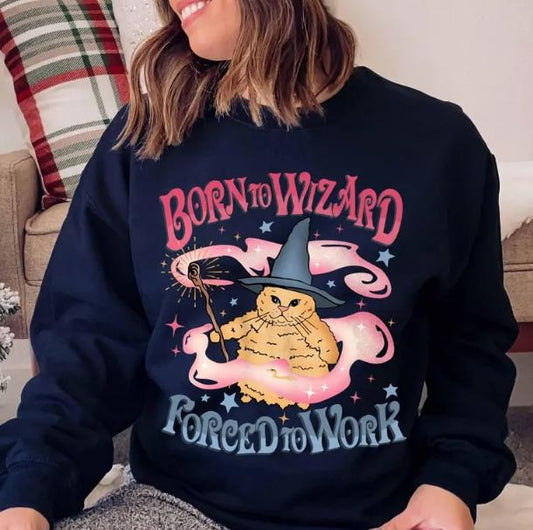 Born to Wizard Forced to Work Sweatshirt, Meme Cat Sweater, Bookworm, Universal Magical Sweatshirt