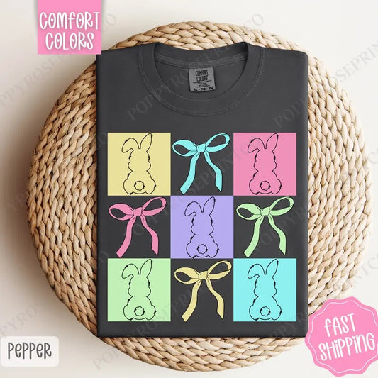 Bows and Bunnies Shirt Comfort Colors, Easter Tshirt, Trendy Bunny Women's Tee, Gift for Her