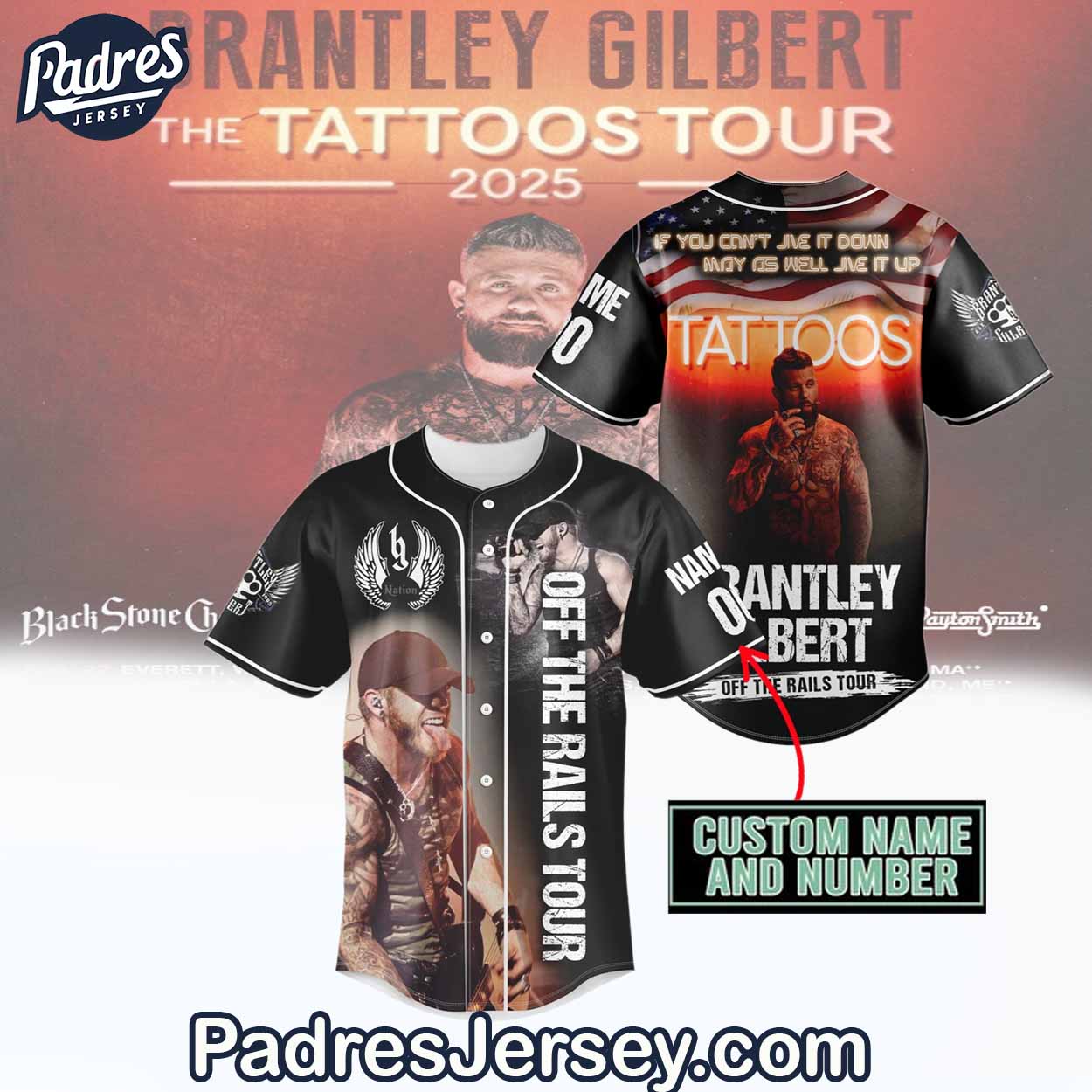 Brantley Gilbert Tour 2025 Baseball Jersey Outfit-The Tattoos - Padres Jersey Oasis: Elevate Your Baseball Style Game
