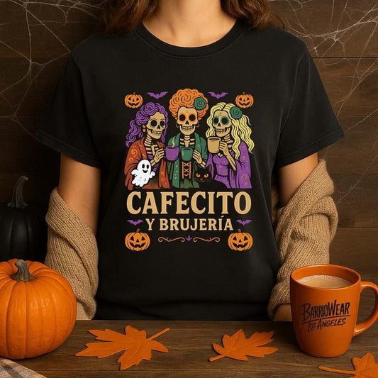 Cafecito y Brujería Halloween Shirt - Spooky Latina Witch Tee Fitted Short Sleeve Crew Neck Unisex Black Coffee Lover's Tee