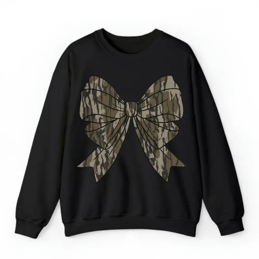Camo Coquette Bow Duck Hunting Sweatshirt, Old School Camo Girls Camo Sweatshirt, Cute Coquette Bow for Women, Alanasua, Cotton All Sizes Colors for Men and Women, Full Size Top Womenswear