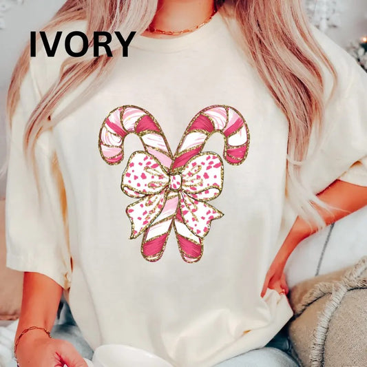 Candy Cane Bow Comfort Colors Women's Oversized Christmas Shirt - Festive Printed Design - Cotton, Comfortable