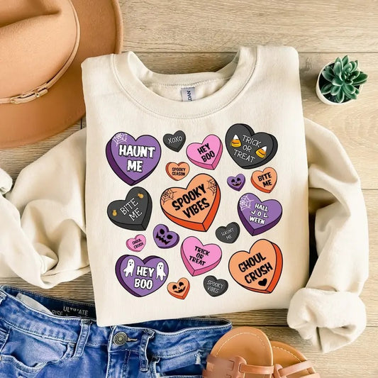 Candy Hearts Halloween SweatShirt, Spooky Vibes Shirt, Halloween Shirt Design, Pumpkin Halloween, Halloween candy Shirt
