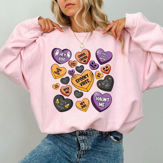 Candy Hearts Halloween Sweatshirt, Retro Halloween Crewneck, Spooky Vibes Sweatshirt, Candy Hearts Sweater For Women, Trick Or Treat Girl Sweater, Comfy Long Sleeve Pullover, Cute Womens Tops, Halloween Casual Womenswear, Comfort Cotton Fabric Relaxed Top