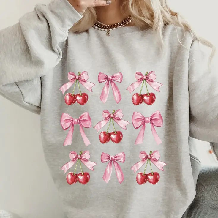 Cherry and Bow Crewneck ~ Sweatshirt Unisex Apparel Relaxed Fit Printed in the USA Clothing Womenswear Casual and Comfortable