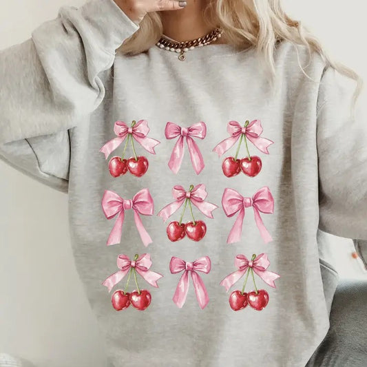Cherry and Bow Crewneck ~ Sweatshirt Unisex Apparel Relaxed Fit Printed in the USA Clothing Womenswear Casual and Comfortable