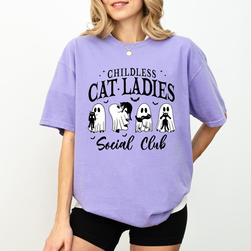 Childless Cat Ladies Social Club Comfort Colors Shirt, Halloween Cat Ladies Graphic Printed Tee, Cat Lover Halloween Unhinged Shirt, Cat Mama Tee, Cat Mom Tee, Halloween Gift Shirt, Women's Tops, Womenswear, Cotton Fabric Relaxed Fit Chic Style
